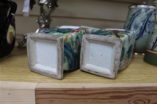 Two famille verte vases, two blue and white Chinese vases, a dish and a carved stand